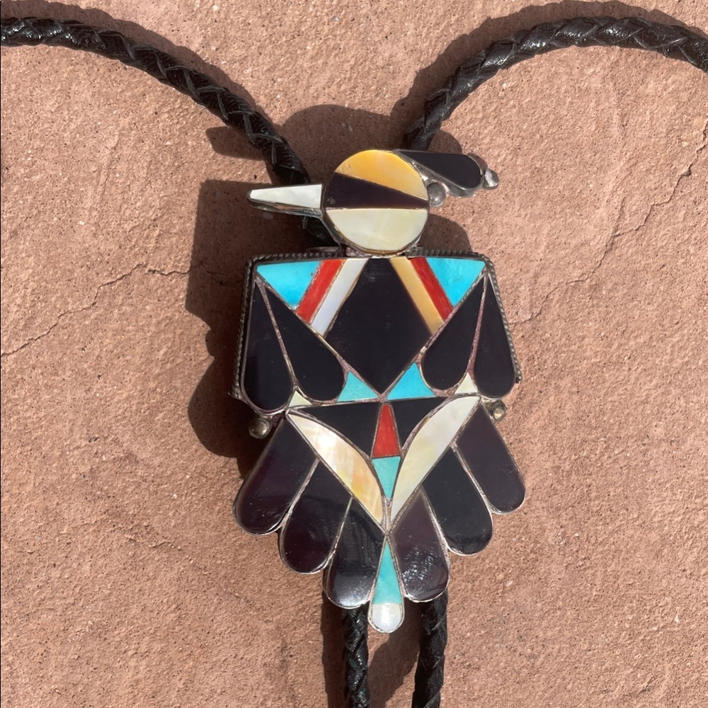 Old Native American ZUNI Multicolor Thunder Bird Design Bolo Tie.